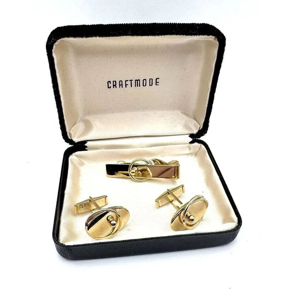 Cufflinks and Tie Clip Gold Tone Art Deco Vintage Craftmode Mens